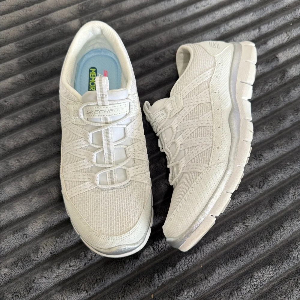 Skechers Air-Cooled Memory Foam Women's White Slip-On Walking Sneakers - Picture 2 of 11